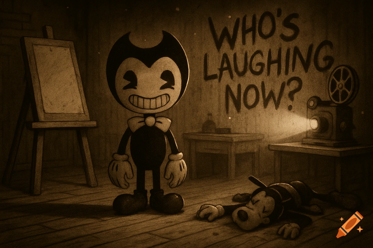 Sepia-toned cartoon of Bendy grinning over a dead Boris the Wolf in a vintage animation studio with text 'WHO'S LAUGHING NOW?' on the wall.
