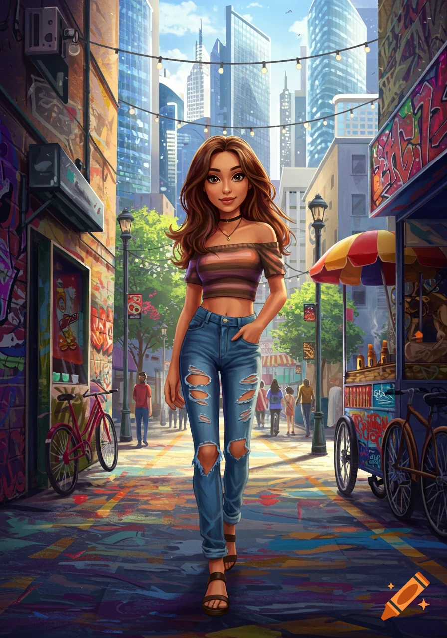 Digital art illustration of a young woman in a crop top and ripped jeans walking down a vibrant, graffiti-covered city street with skyscrapers in the background.