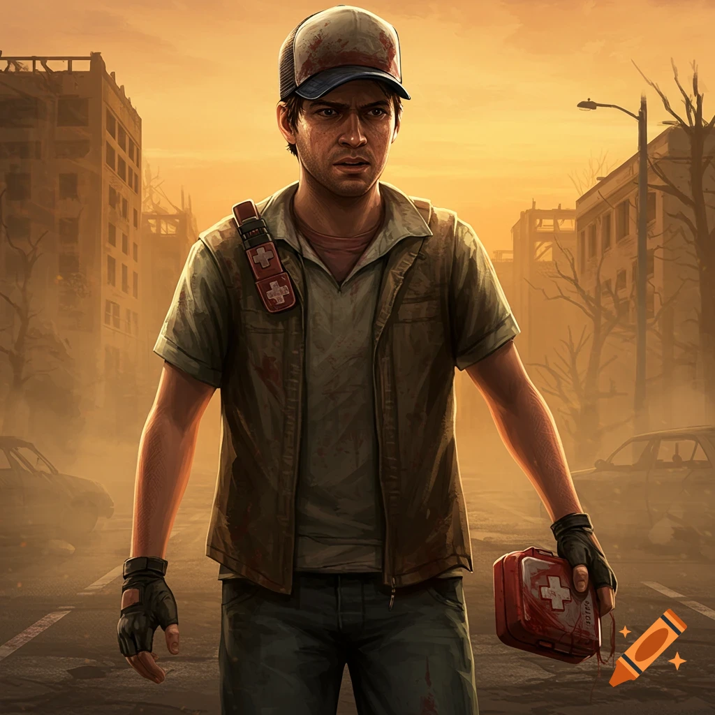 A man resembling Ellis from Left 4 Dead 2 in a post-apocalyptic city, holding a red medkit, with a dusty, orange sky.