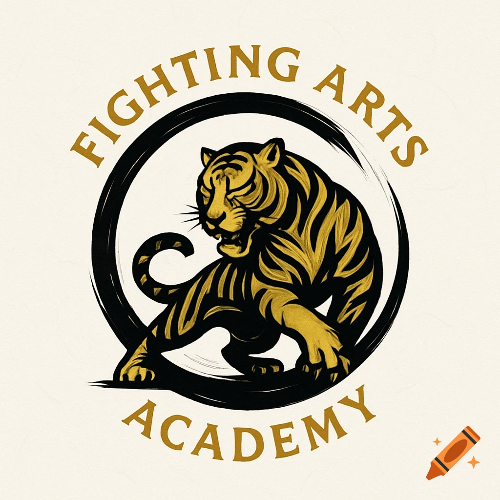 A stylized gold and black tiger in a circular brushstroke logo with "FIGHTING ARTS" and "ACADEMY" text.
