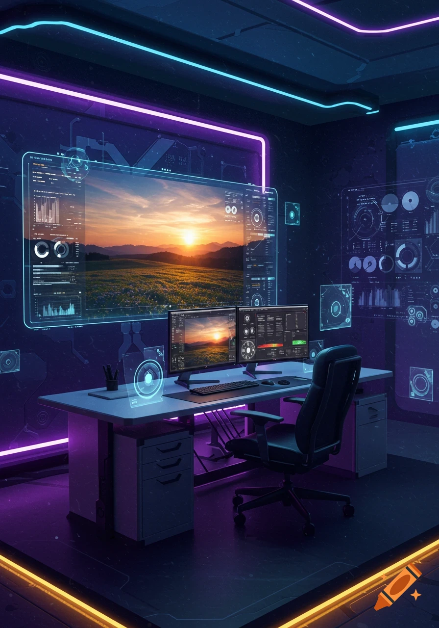 A futuristic computer setup in a dark room with neon lights. Multiple screens display data and a sunset landscape.