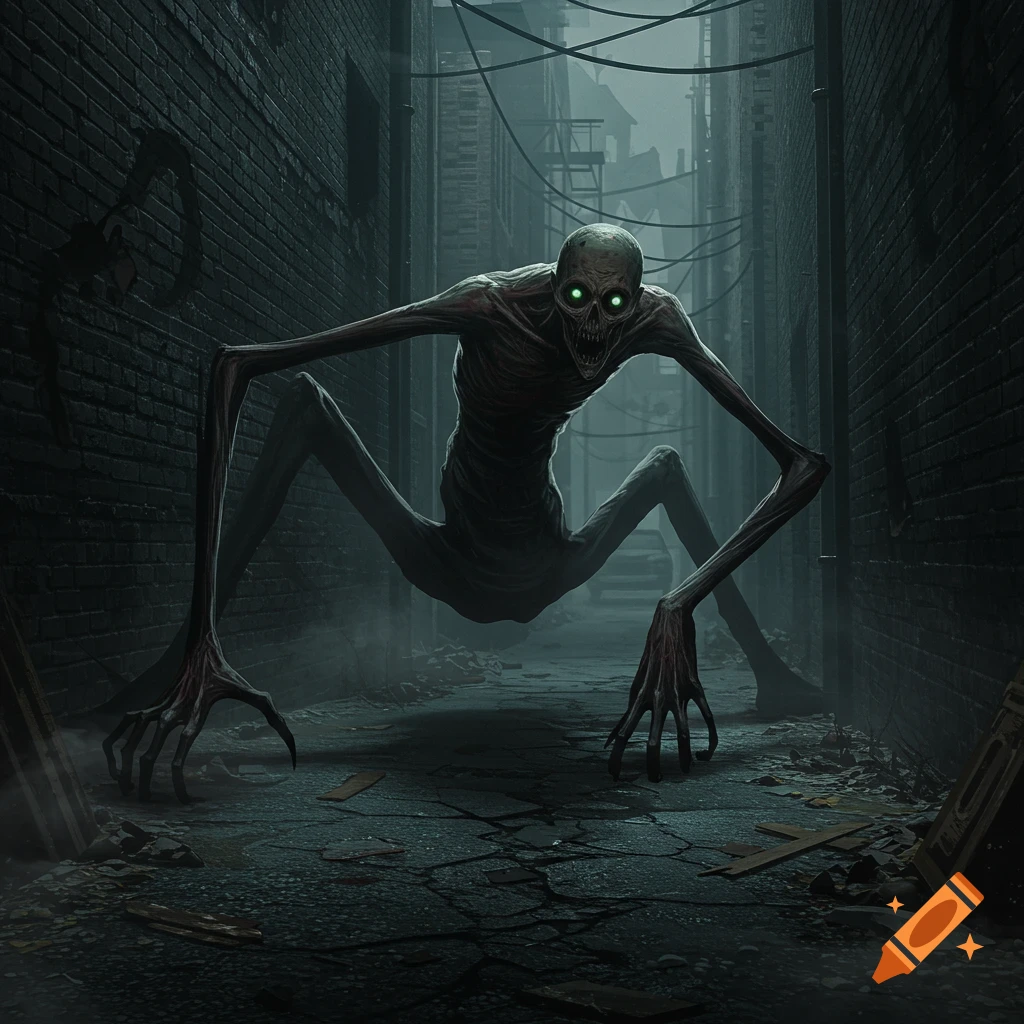 A gaunt, skeletal creature with glowing green eyes and multiple long limbs crouches in a dark, misty alleyway, in a horror art style.