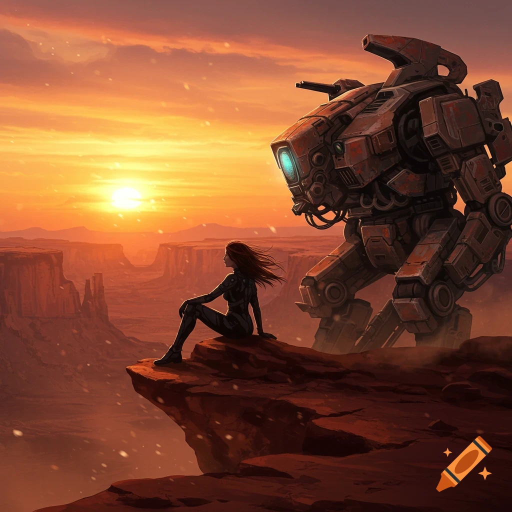 A woman in a pilot suit sits on a cliff with a large rusty mech, overlooking a vast red desert canyon at sunset. Post-apocalyptic sci-fi.