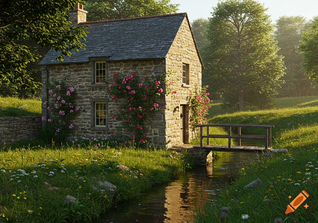 Photorealistic image of a charming stone cottage with pink climbing roses next to a stream and wooden bridge, surrounded by lush green grass and trees.