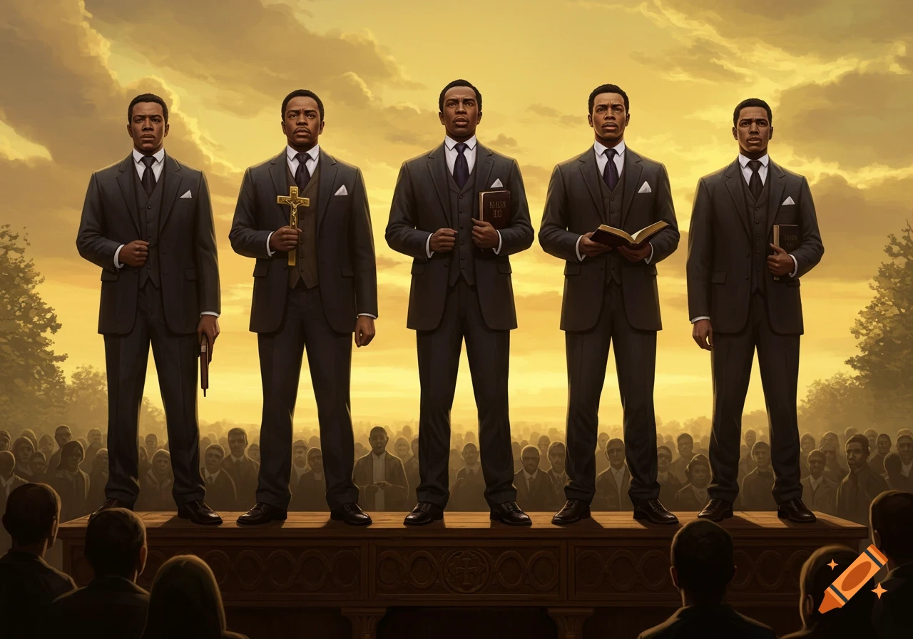 Five men in suits preach from an elevated platform, holding crosses and Bibles to a large crowd under a golden sky.