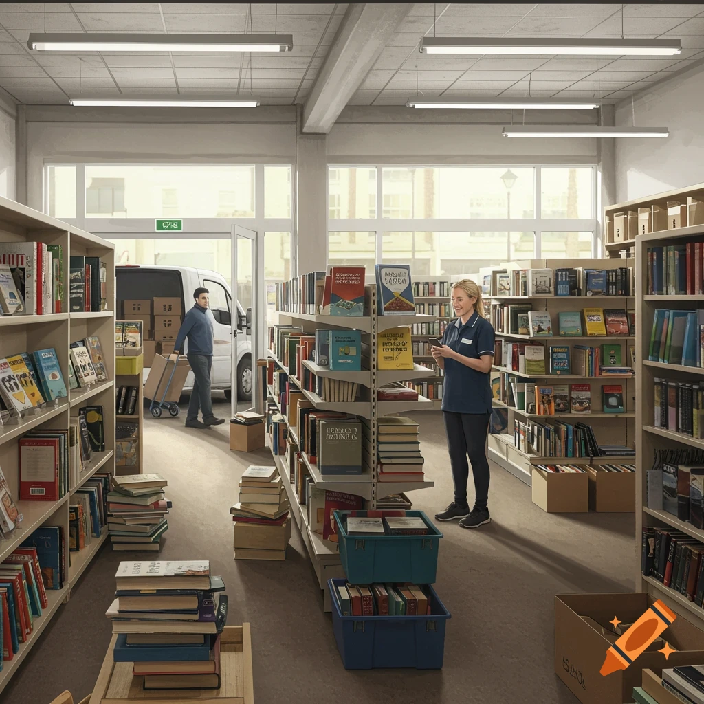 A cheerful volunteer in a charity shop scans books with a smartphone. In the background, a man loads books into a white van parked outside.