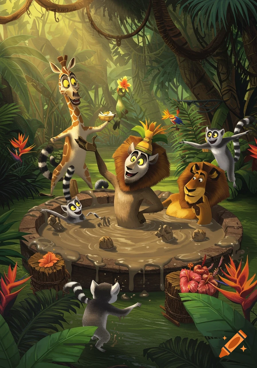 Alex the lion and other Madagascar characters enjoying a mud bath in a lush jungle, in an animated style.