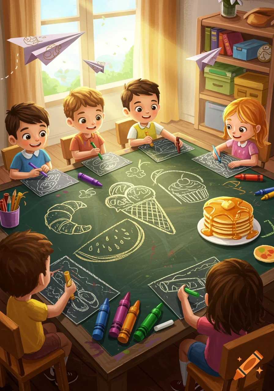 Cartoon illustration of children drawing favorite foods like pancakes and ice cream with crayons around a green table in a sunlit room.
