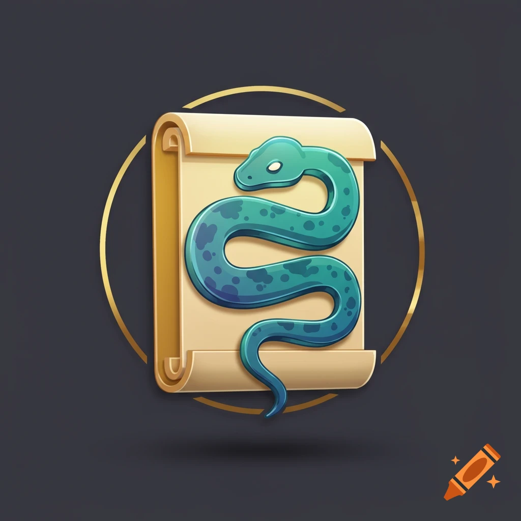 A stylized turquoise snake with blue spots wrapped around a golden scroll, enclosed in a golden circular border on a dark grey background.