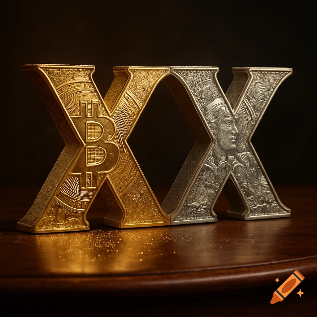 Photorealistic image of two 3D letters 'XX' on a wooden table, the first golden with a Bitcoin symbol, the second silver with a US currency design.