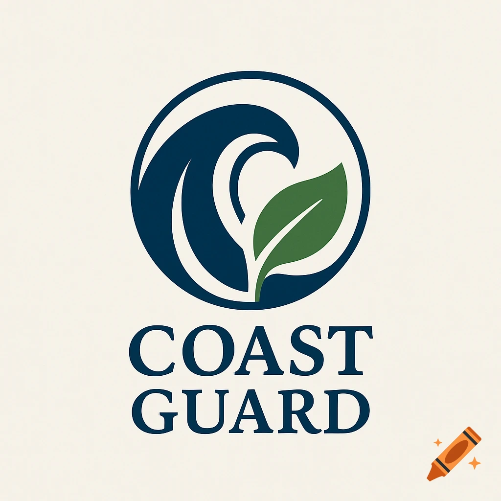 Logo with a blue wave and green leaf in a circle, text reads 'COAST GUARD'.