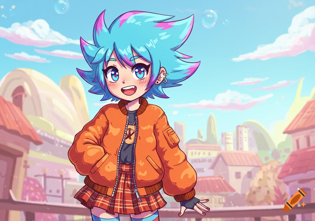 Smiling anime character with blue and pink hair, orange jacket, and plaid skirt in a vibrant cartoon city background.