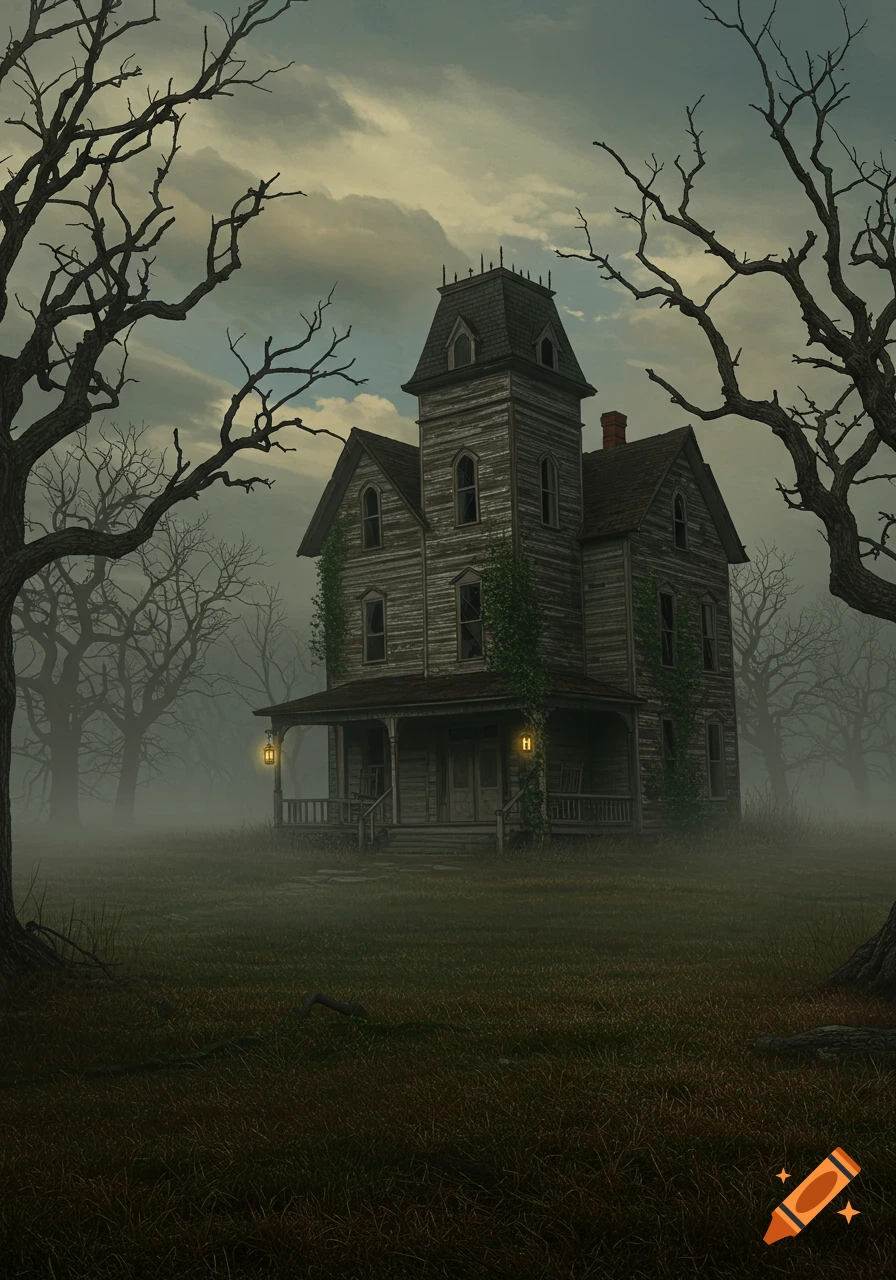 A creepy, dilapidated wooden haunted house with a tower, surrounded by bare trees and fog under a cloudy sky.