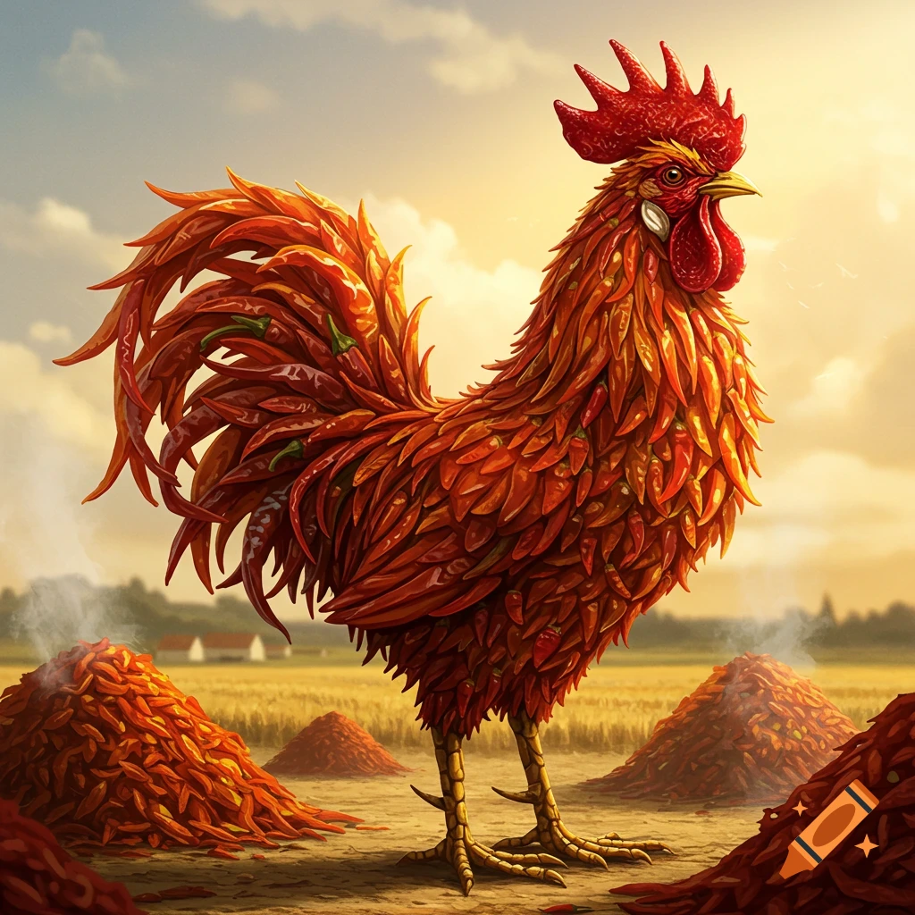 A majestic rooster made entirely of red chili peppers stands in a golden field under a bright sky, with piles of chilies around it.