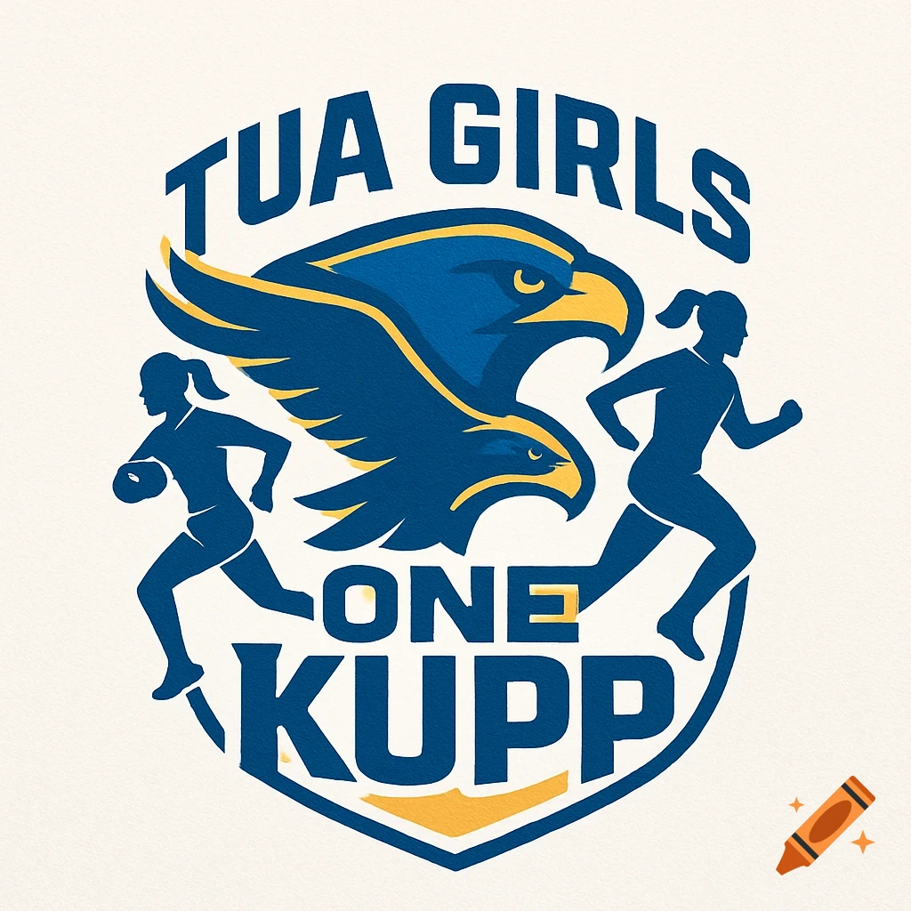 A sports logo with two blue and yellow eagles, two female athlete silhouettes, and the text 'TUA GIRLS ONE KUPP'.