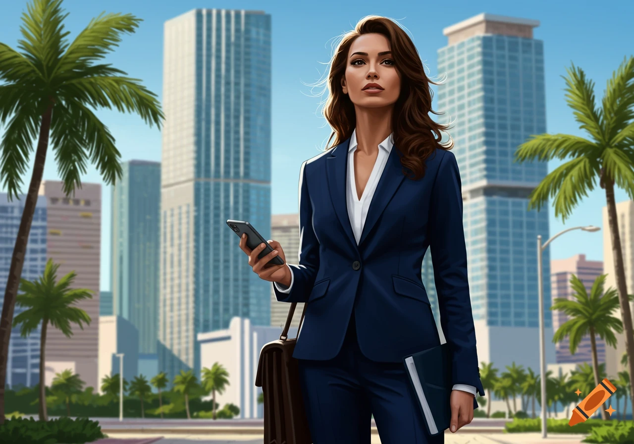 Digital art of a professional woman in a navy suit, holding a phone and folder, standing on a city street with palm trees and skyscrapers.