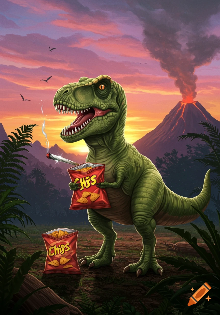 An illustrative T-Rex holds a lit joint and a bag of chips in a volcanic jungle landscape at sunset.