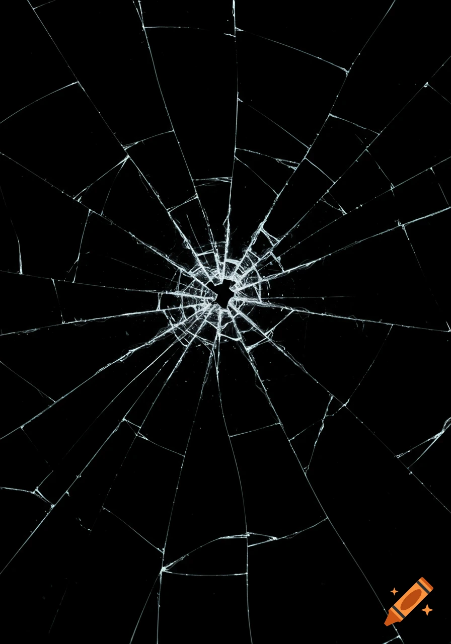 Shattered glass on a black background, with cracks radiating from a central impact point.
