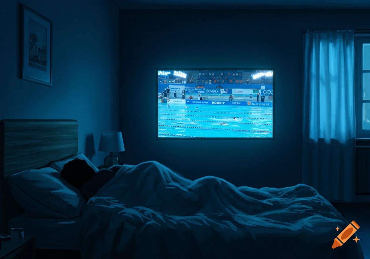 A person sleeps in a dark bedroom, illuminated by the bright blue light of a swimming competition projected on the wall.
