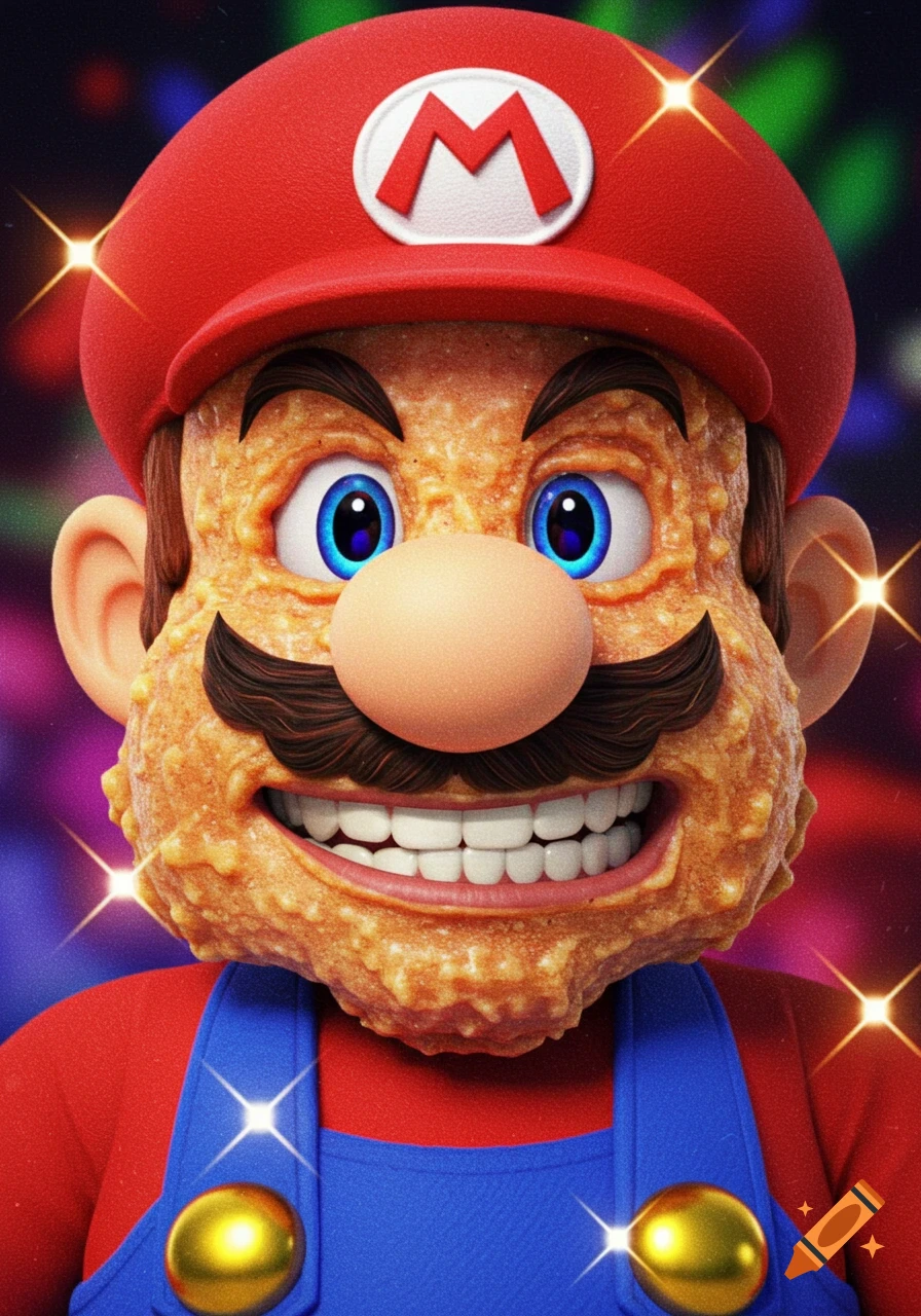 A distorted, 'deep-fried' Mario with glowing blue eyes and a wide smile, wearing his red hat with an 'M' and blue overalls.
