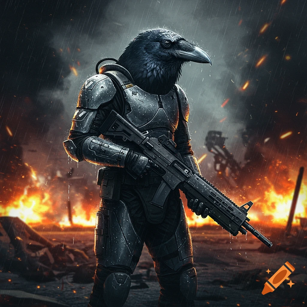 A dark, armored sci-fi soldier with a crow head stands in the rain on a burning battlefield, holding a rifle.