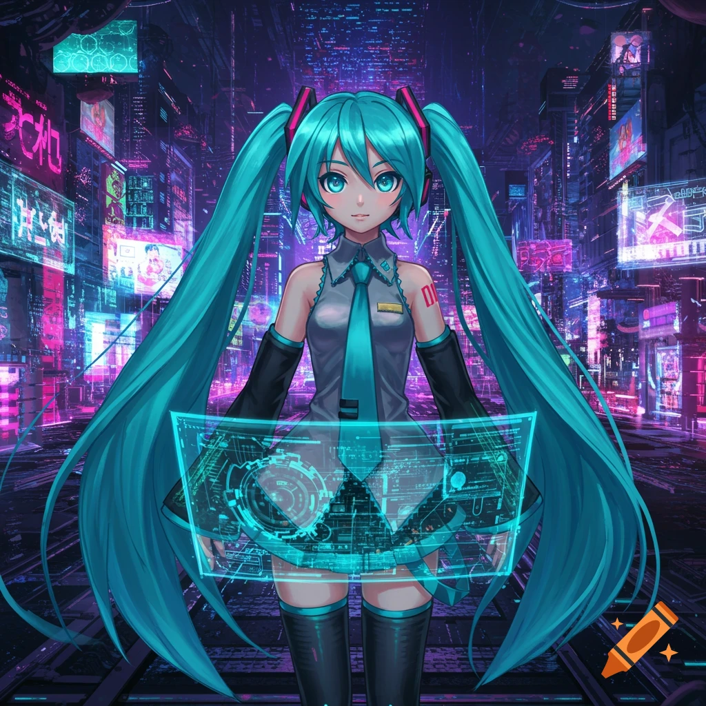 Hatsune Miku, an anime character with long turquoise pigtails, stands in a futuristic cyberpunk city with neon lights, interacting with a holographic display.