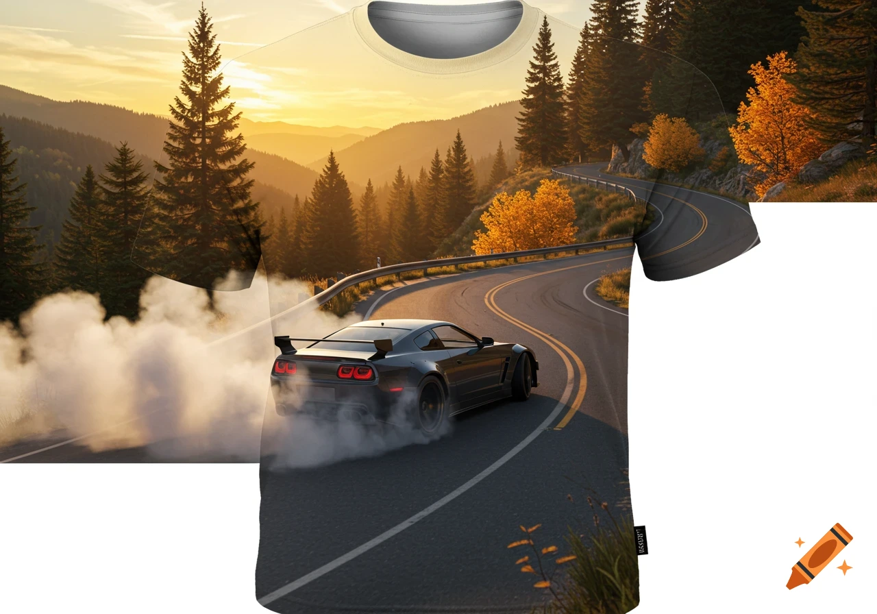 Black sports car drifting on a winding mountain road with a sunset background, printed as a t-shirt design.
