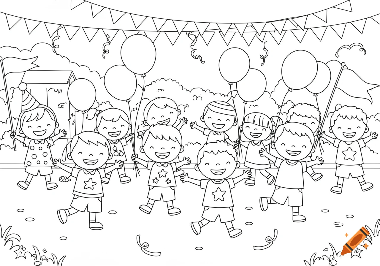 Black and white coloring page of happy children in a parade with balloons, flags, and streamers.