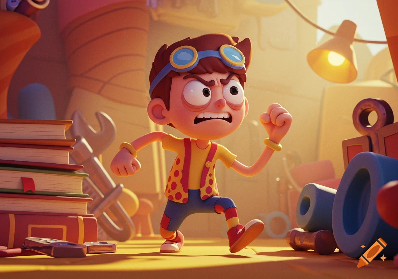 A stressed 3D animated cartoon boy with goggles runs through a cluttered room with books and tools.