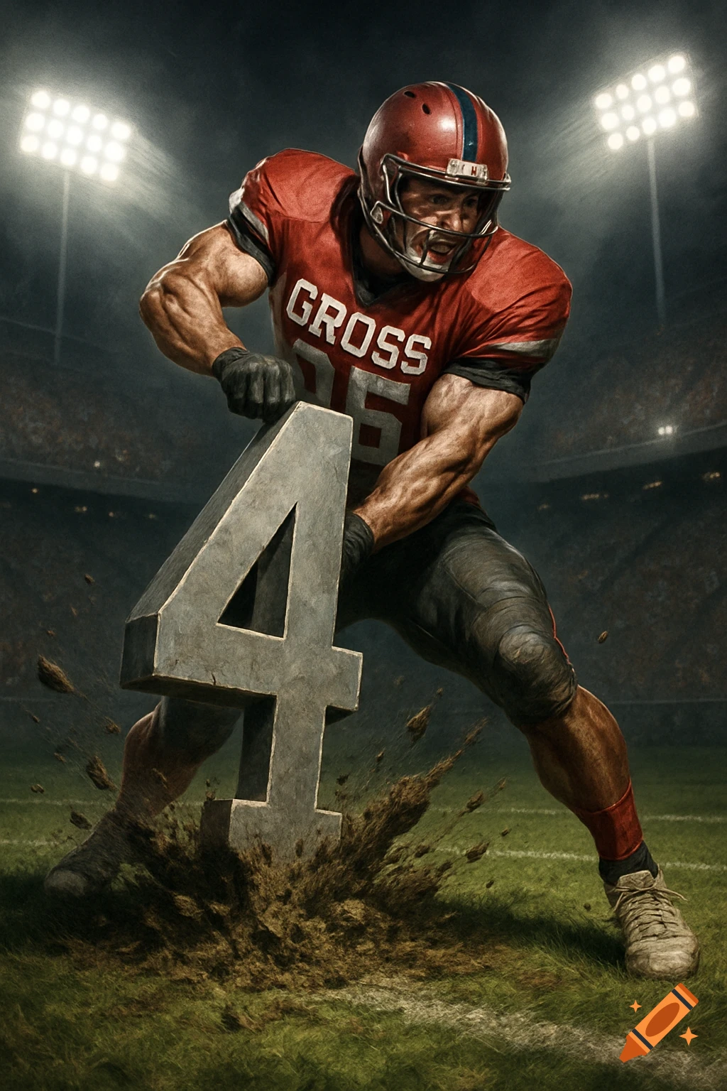 Muscular football player in red 'GROSS' jersey slams a giant number 4 into the ground on a floodlit stadium field.
