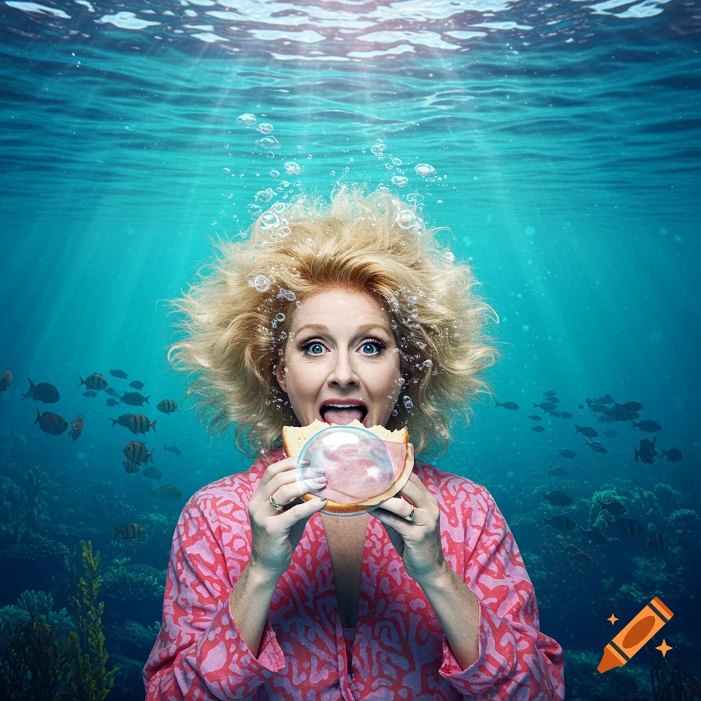 A surprised woman with wild blonde hair eats a ham sandwich underwater, with fish and coral in the background.