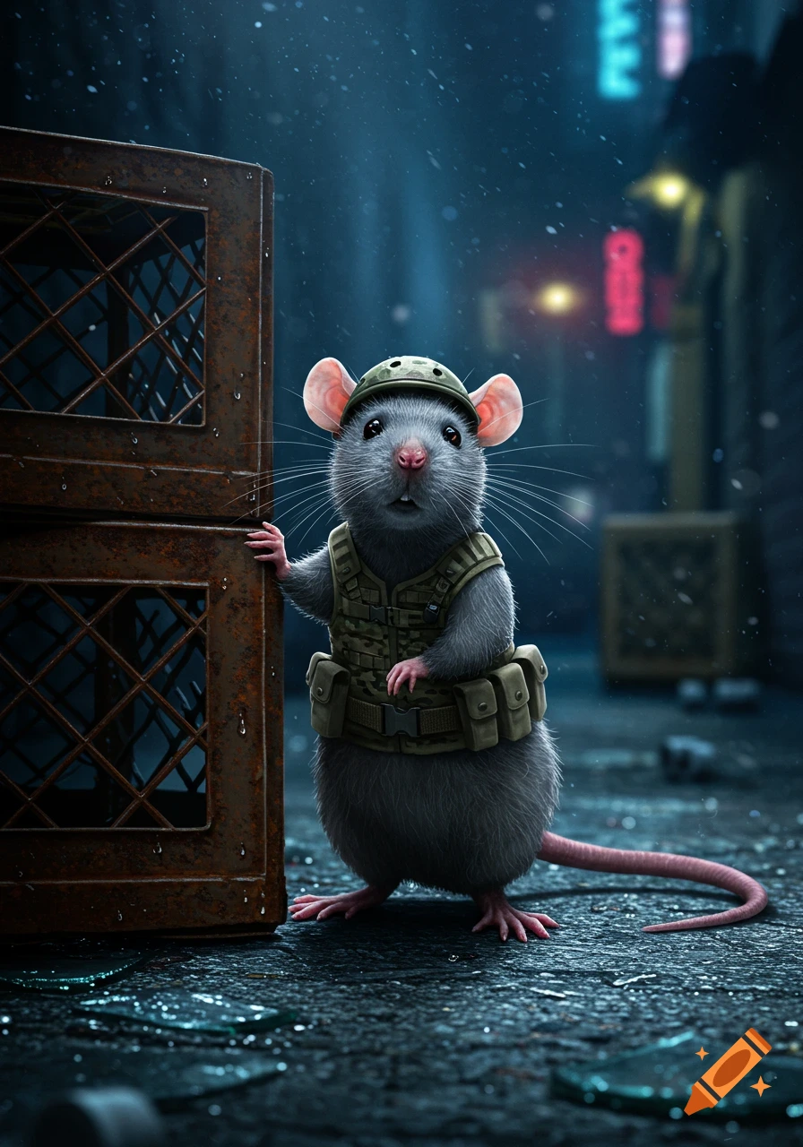 A photorealistic rat wearing a camouflage helmet and tactical vest stands next to a rusty metal box on a wet city street at night.
