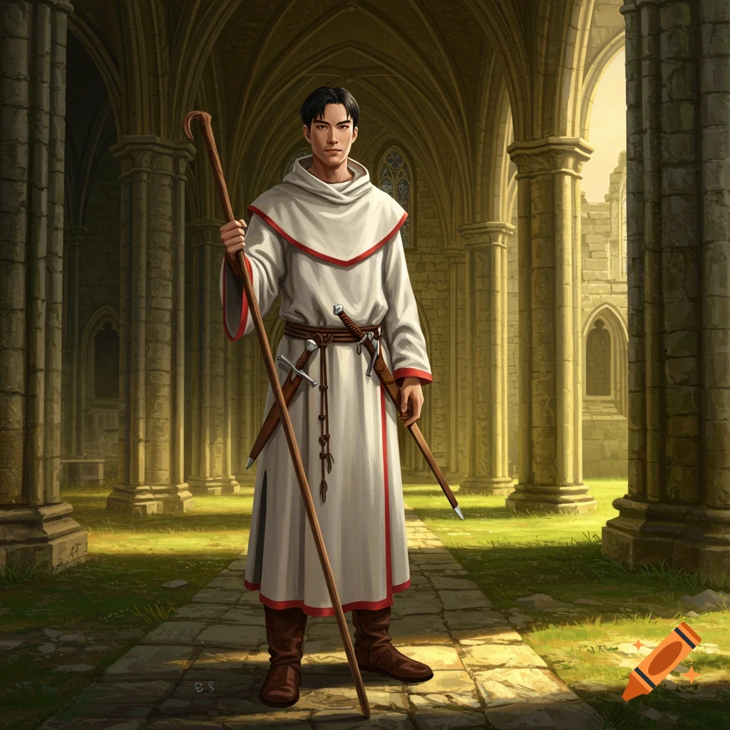 A man in white robes with red trim and boots, holding a staff, stands in a ruined gothic cathedral.