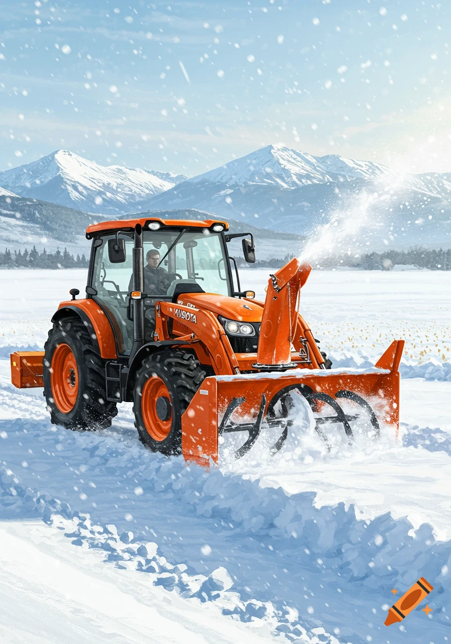 Orange Kubota tractor with a snowblower clearing a snowy field in front of mountains under a blue sky.