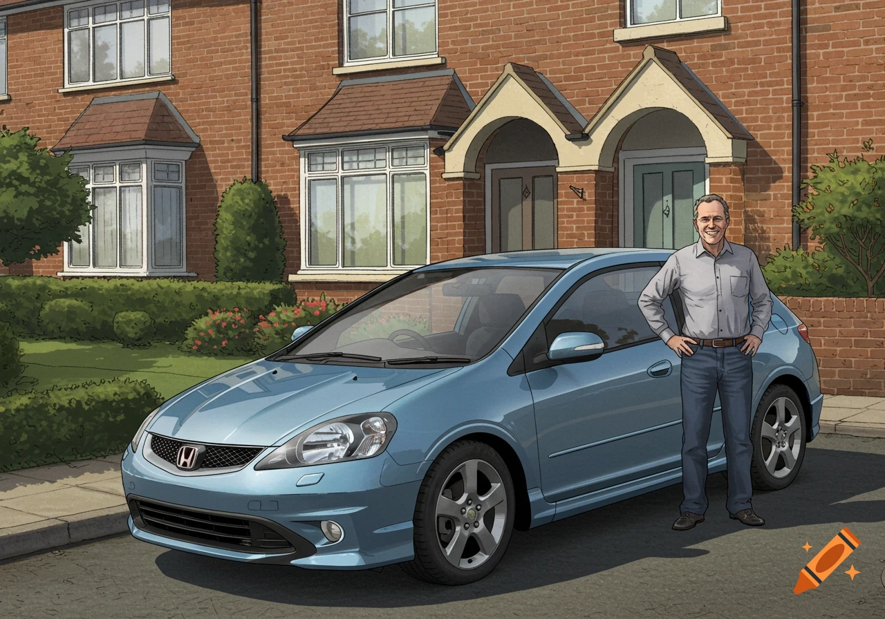 An illustration of a sky-blue Honda Civic Hatchback parked in front of a brick UK house, with its smiling middle-aged owner standing beside it.