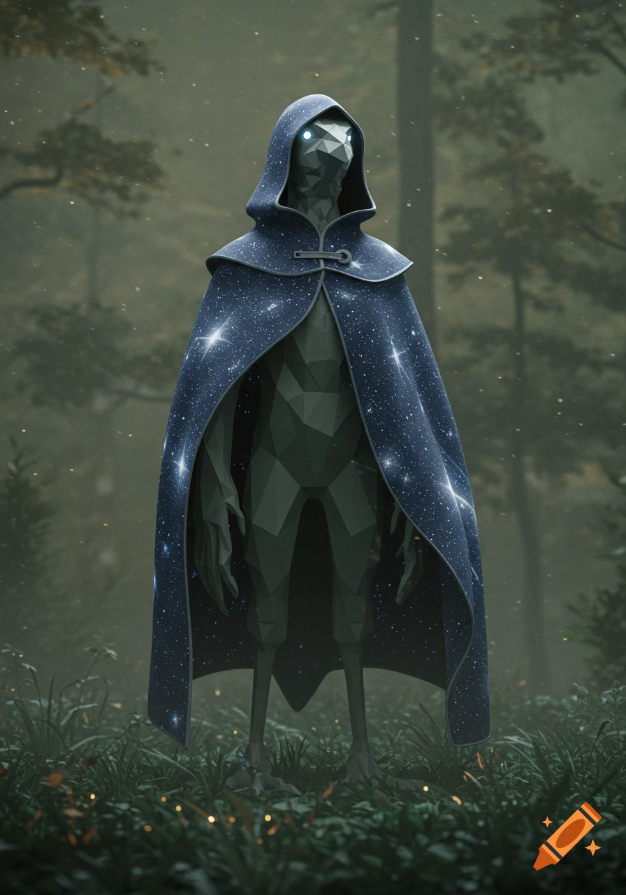 A geometric bird-like creature with glowing eyes wears a starry hooded cloak, standing in a misty forest.