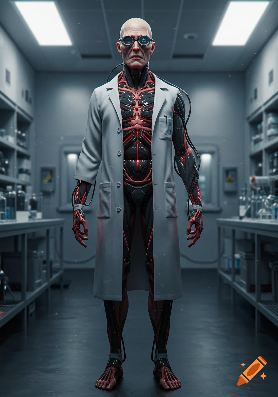 Full-body portrait of a bald, gaunt cybernetic man in a lab coat, with exposed red and black circuitry, standing in a sterile laboratory.