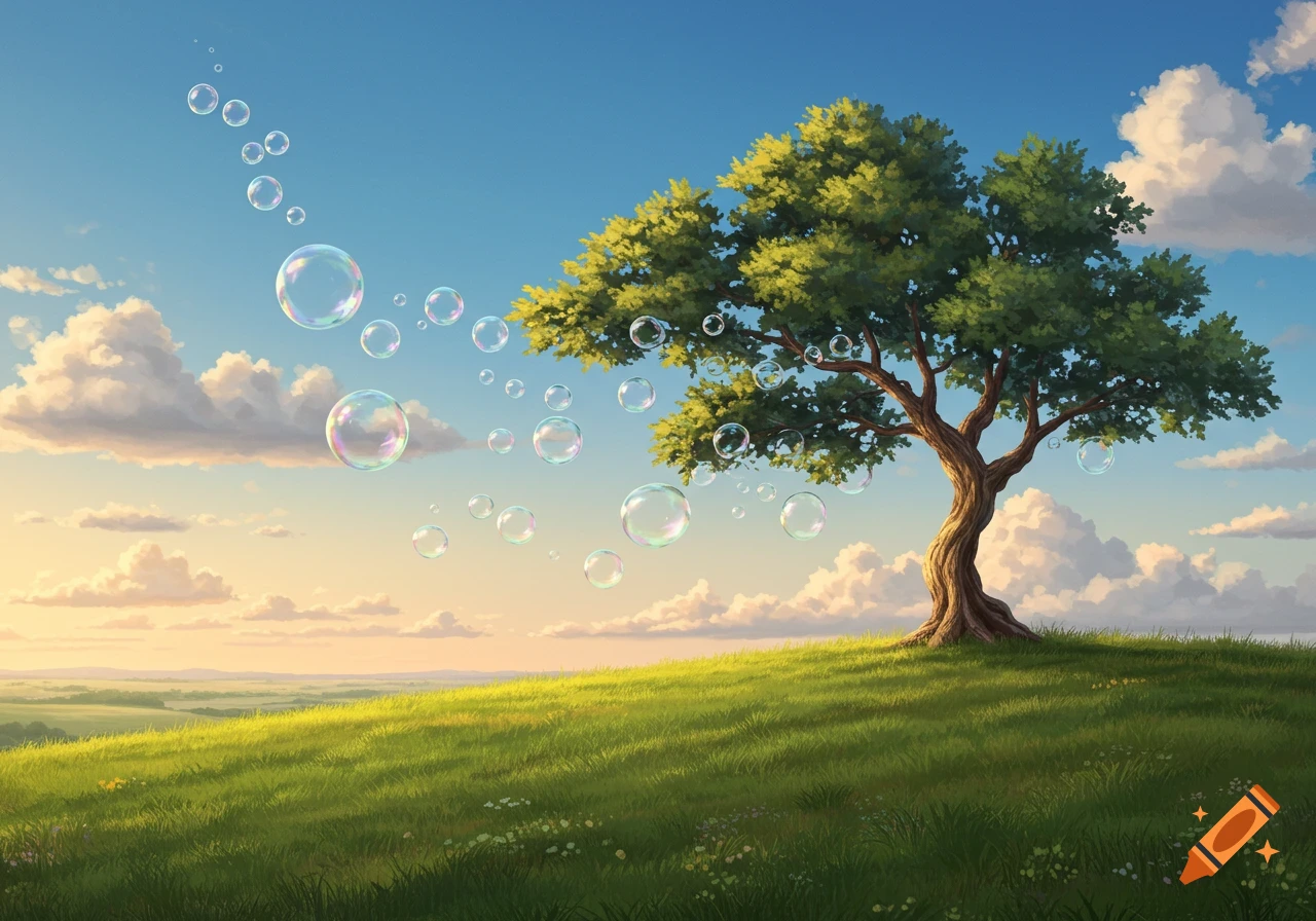A large tree stands on a green hill as numerous iridescent bubbles float in a bright blue and orange sky. Illustrative style.