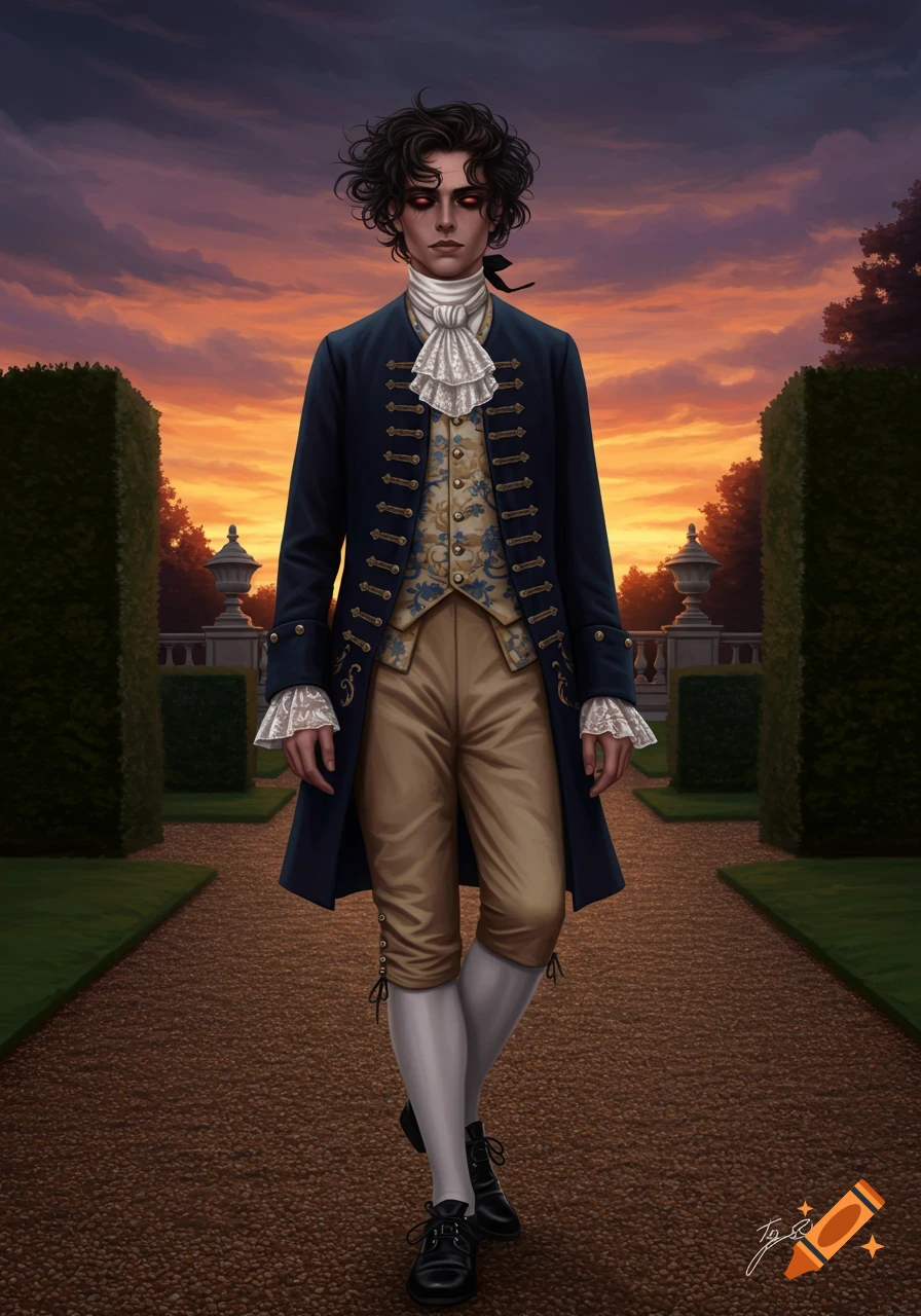 A man in dark 18th-century noble attire with dark red eyes walks down a garden path at sunset, digital art.