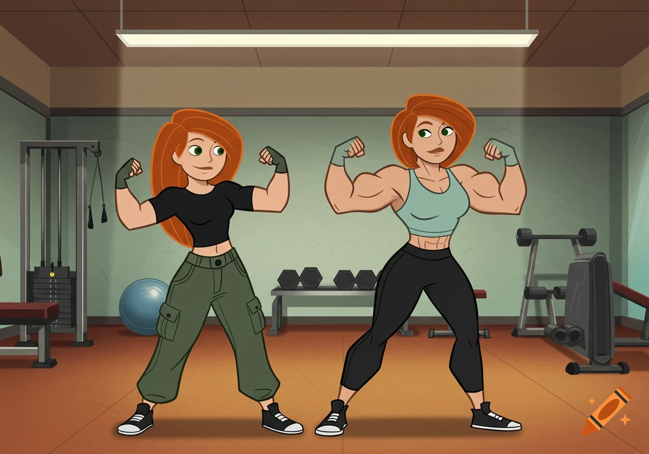 Cartoon characters Kim Possible and her muscular mother flex their biceps in a gym.