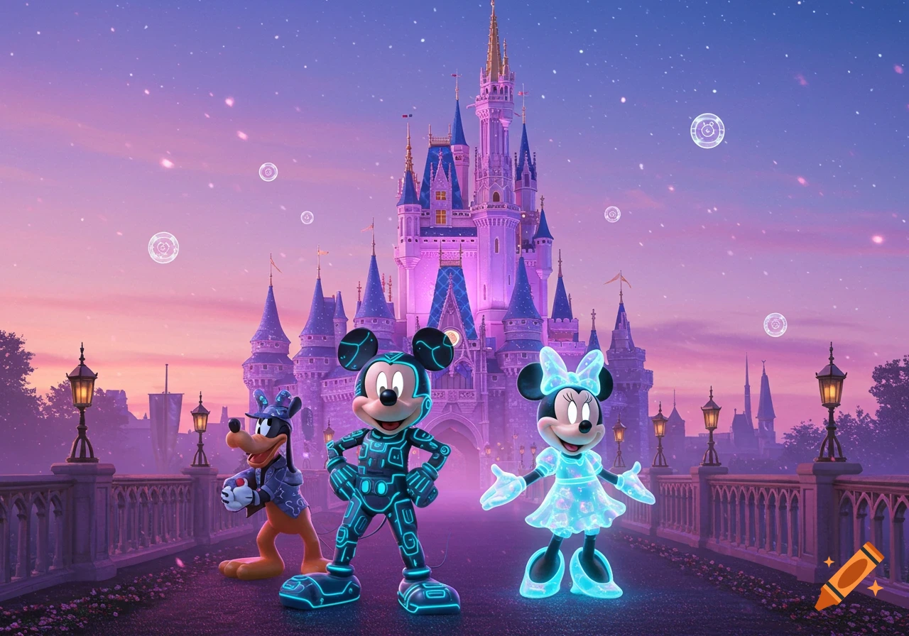 Mickey, Minnie, and Goofy in Tron-style glowing suits stand before a neon-lit Disney castle under a pink and purple sky.