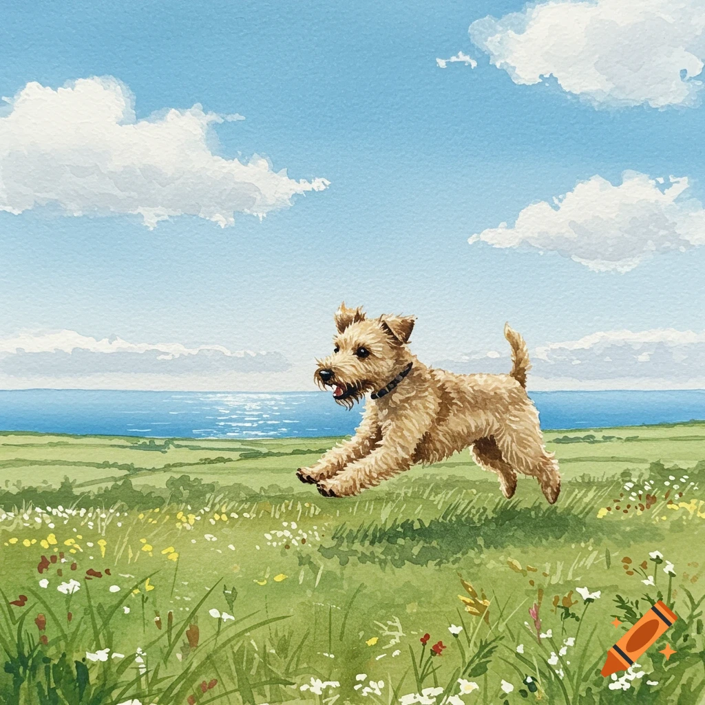 Watercolor painting of a wheaten terrier running and leaping through a green, flower-filled field, with the ocean and a blue sky with clouds in the background.