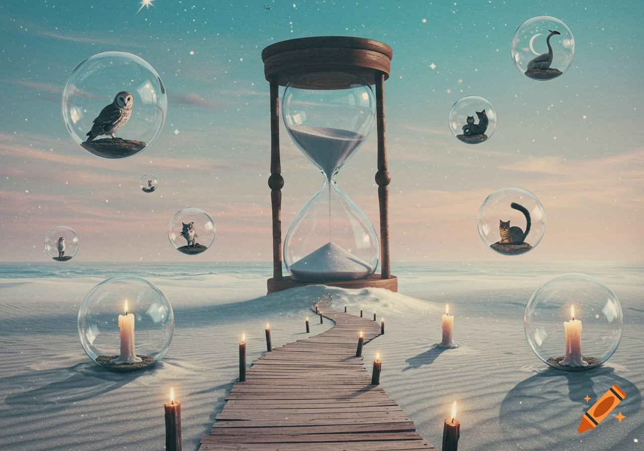 Surreal dreamscape with a large hourglass, a candle-lined wooden path, and floating bubbles with animals under a starry sky.
