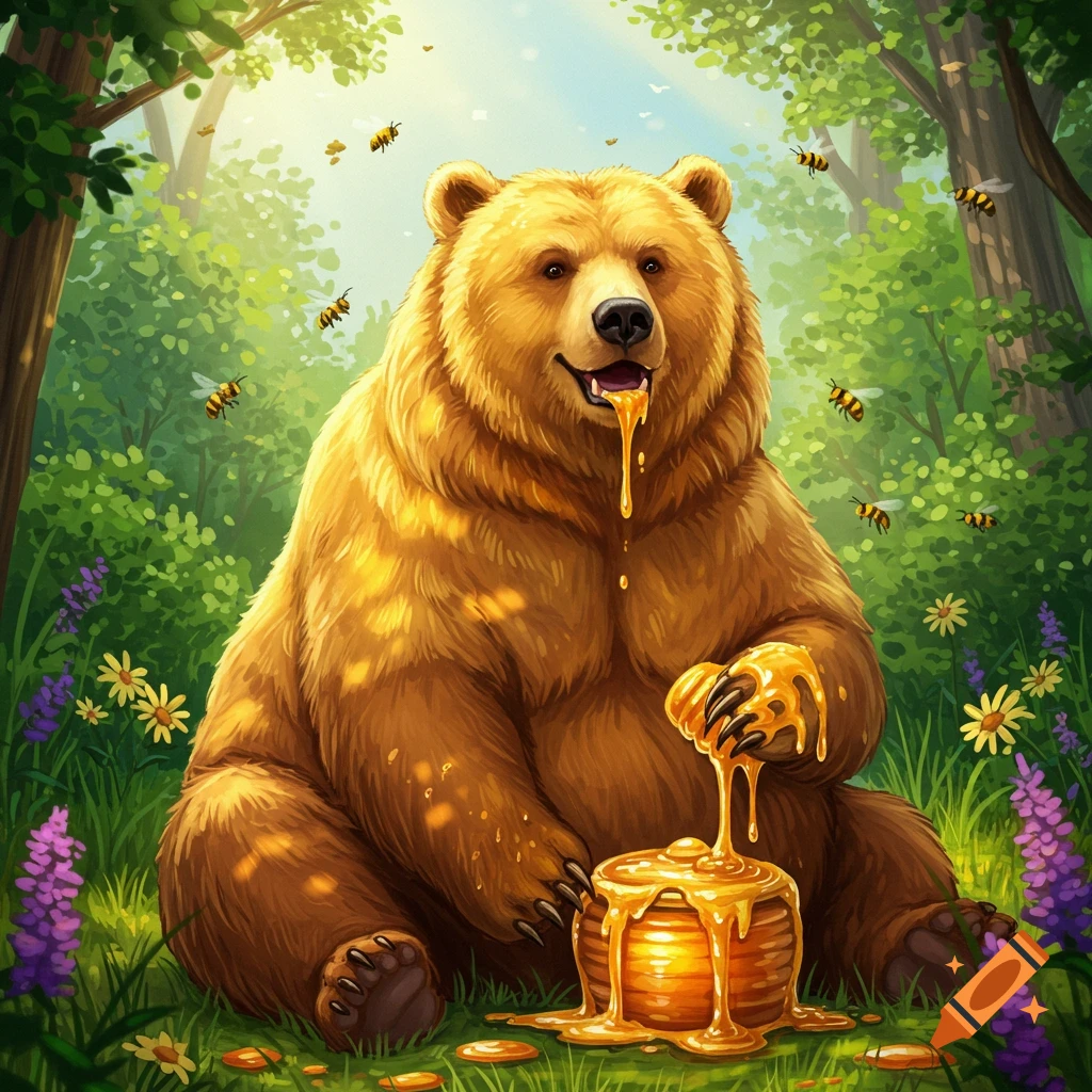 A happy cartoon bear sits in a lush forest, eating honey from a pot while bees fly around.