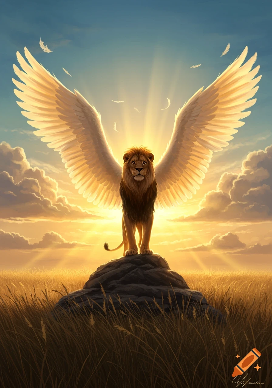A majestic winged lion stands atop a rock in a golden field at sunset, with light rays bursting from behind it.