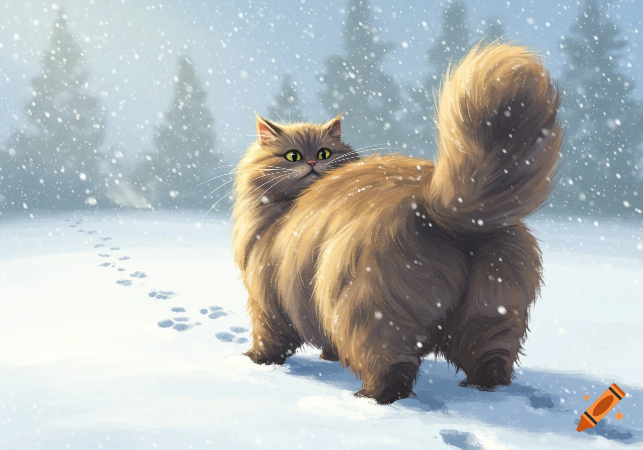 A fluffy brown cat with green eyes looks back over its shoulder while standing in falling snow, leaving paw prints.