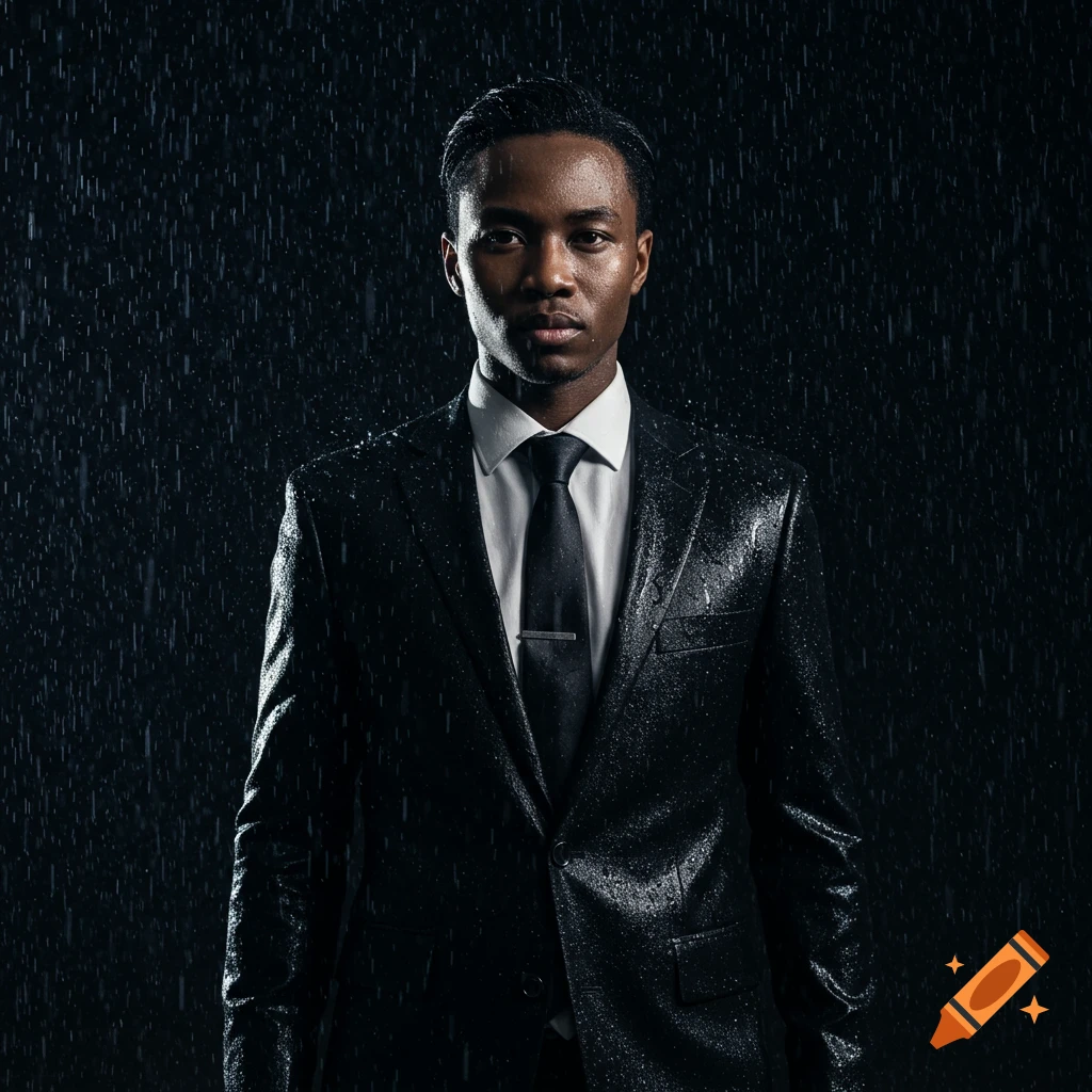 A man in a black suit and tie stands in the rain, looking directly at the camera with a serious expression in a dramatic, dark setting.