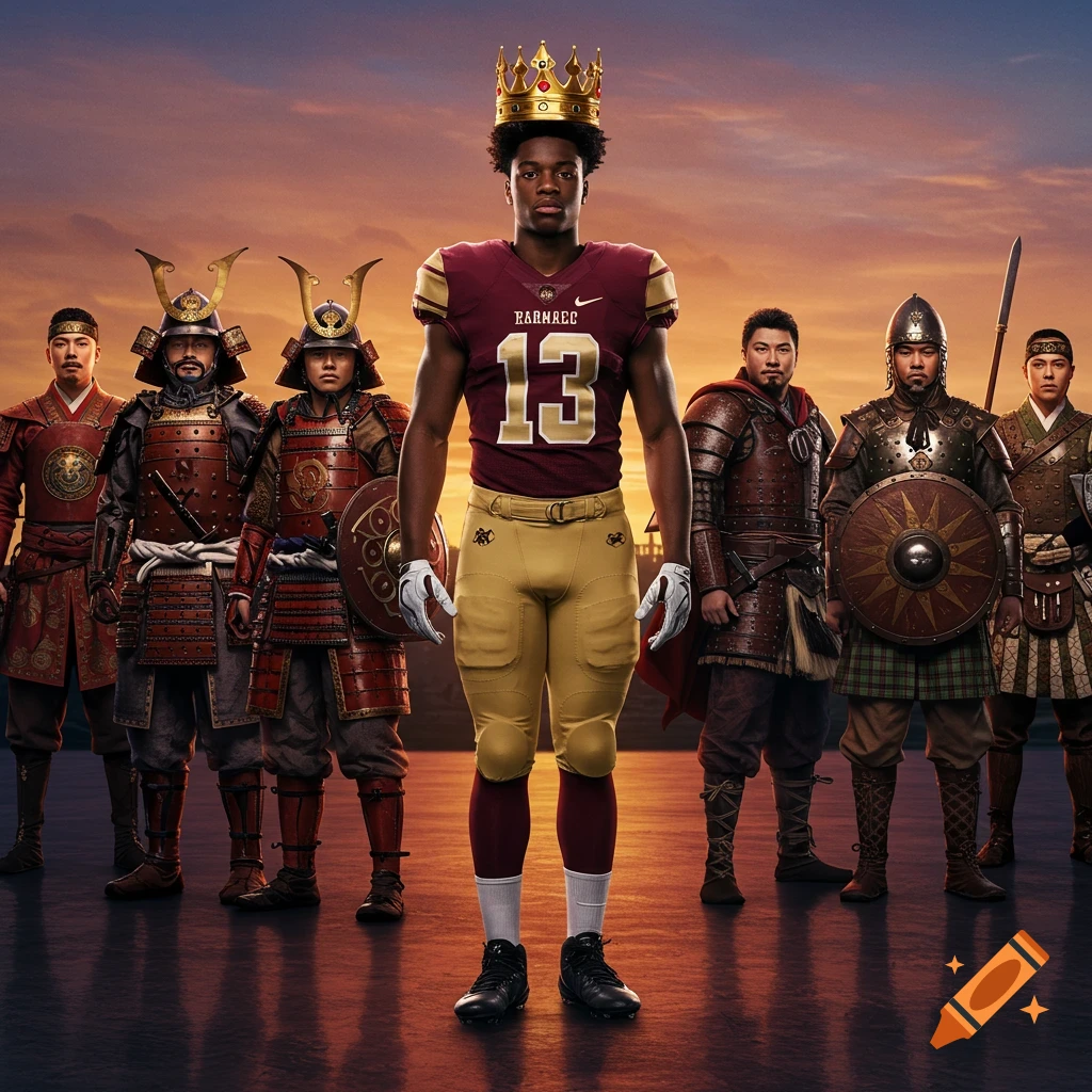 Photorealistic image of a black teenage male in football uniform and a crown, standing among warriors in ancient armor at sunset.