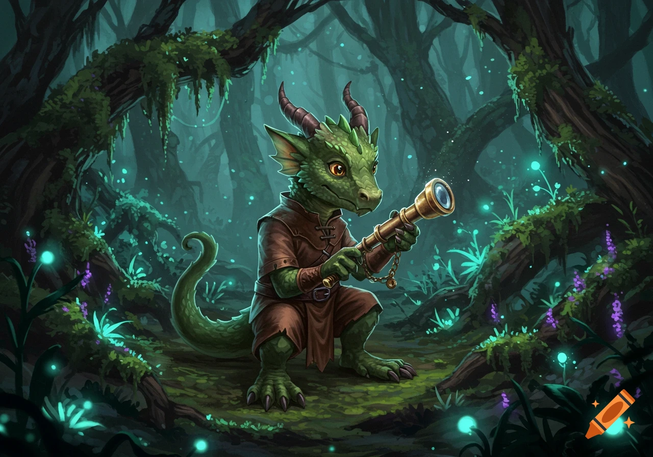 A green, horned kobold in a brown tunic crouches in a magical forest, holding a golden telescope, with glowing plants around.