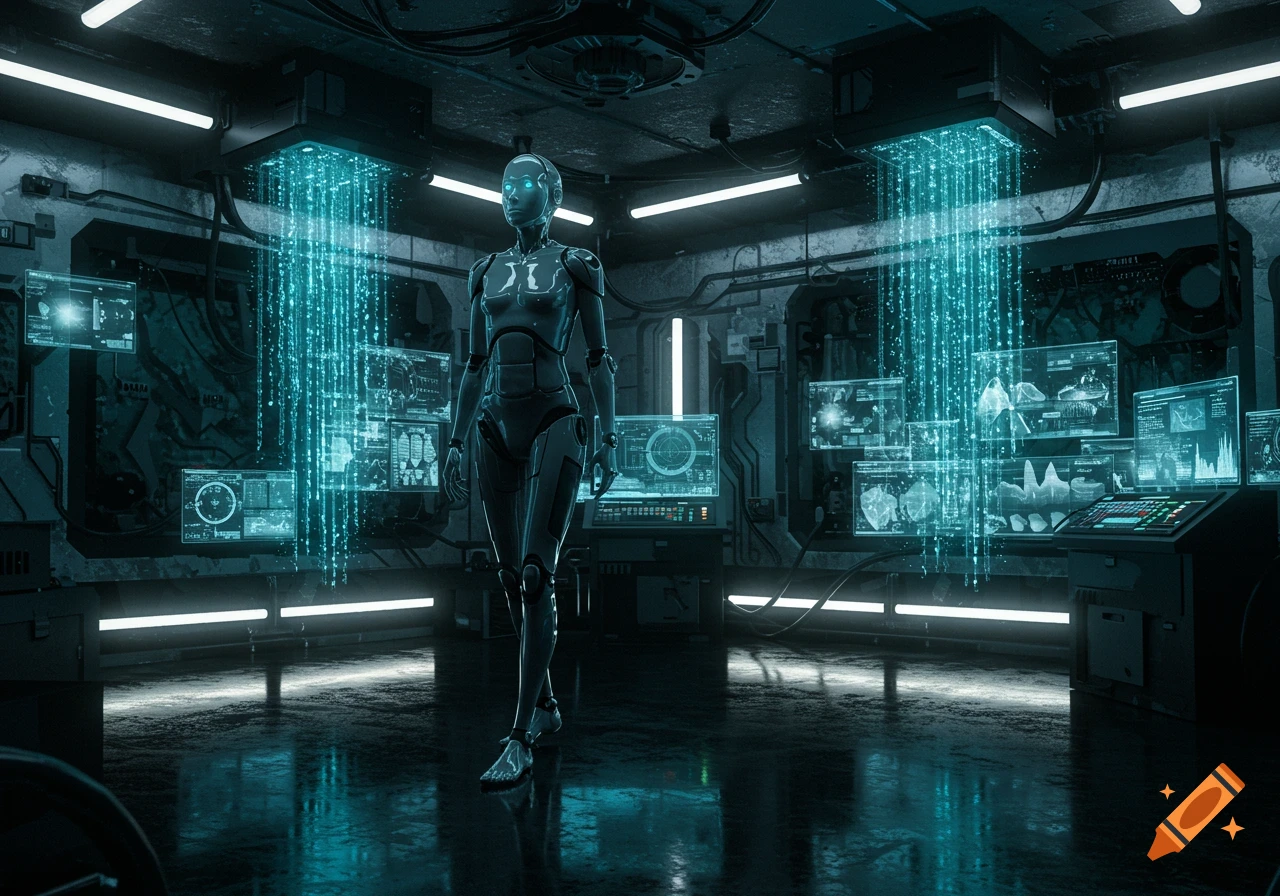 A humanoid robot stands in a dark, futuristic control room with glowing blue holographic screens and falling data streams.